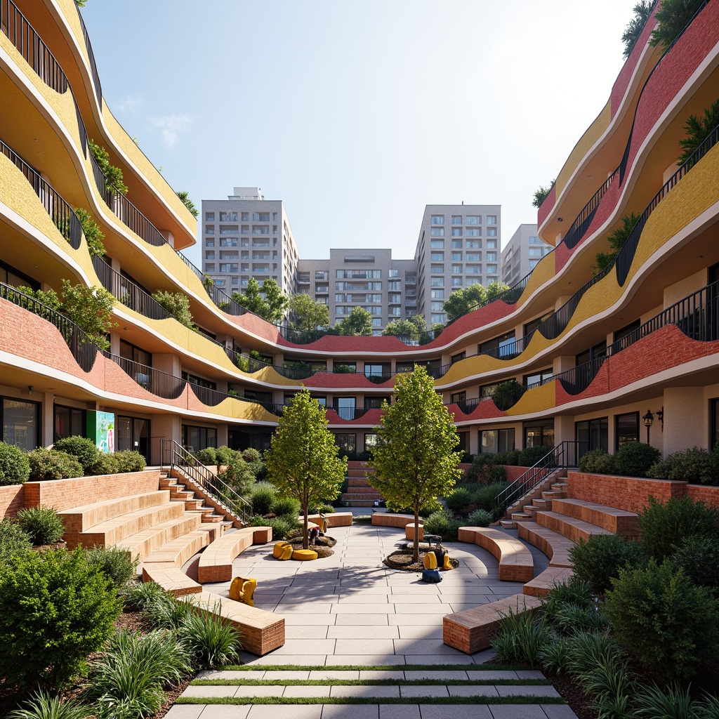 Prompt: Curved amphitheater design, social housing complex, vibrant color schemes, modular brick fa\u00e7ade, cantilevered balconies, green roofs, communal outdoor spaces, lively street art, urban landscape, morning sunlight, soft warm lighting, 1/1 composition, realistic textures, ambient occlusion, natural stone paving, stainless steel handrails, minimalist railings, community gardens, public art installations, eclectic furniture, playful water features.