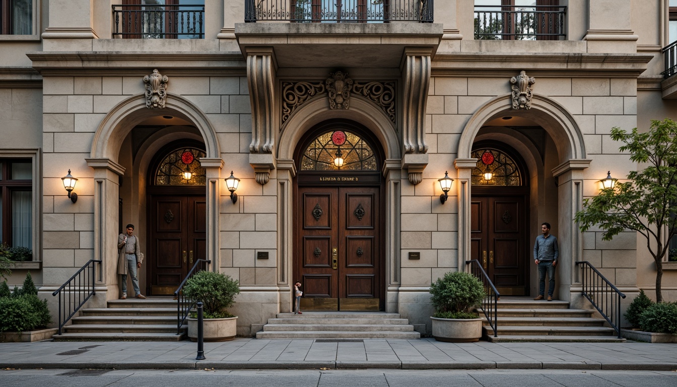 Prompt: Historic monument, ornate facade, intricate stone carvings, grand entrance, majestic columns, arched windows, stained glass details, classical architecture, symmetrical composition, weathered stone walls, aged bronze doors, lantern-style lighting, subtle warm glow, soft morning light, 1/1 composition, realistic textures, ambient occlusion, cultural heritage preservation, educational institution integration.