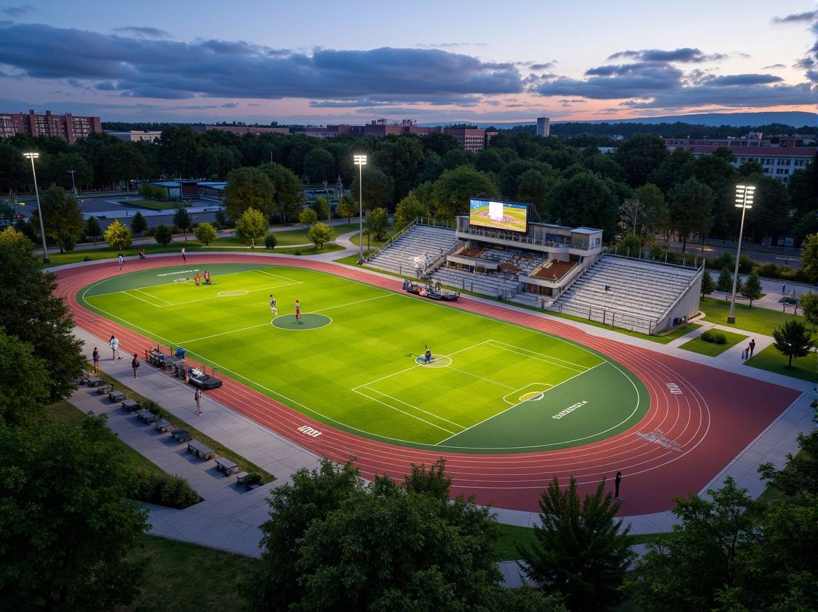 Prompt: Vibrant sports complex, lush green grass, athletic track, soccer field, basketball court, tennis court, bleacher seating, scoreboard displays, floodlights, evening atmosphere, warm color tone, shallow depth of field, 1/2 composition, wide-angle lens, natural textures, ambient occlusion, community gathering spaces, picnic areas, playground equipment, public art installations, pedestrian walkways, bike lanes, parking facilities, modern architecture, curved lines, minimalist design, sustainable materials, eco-friendly landscaping.