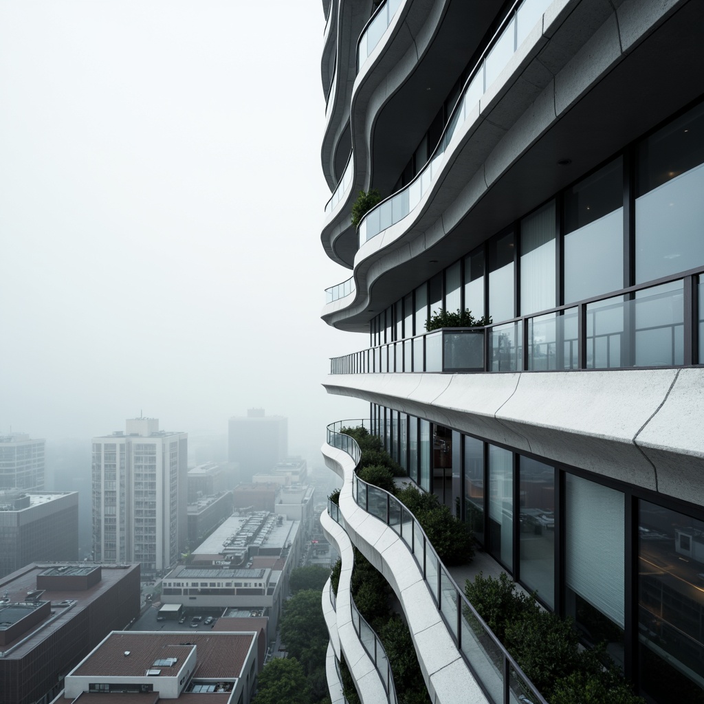 Prompt: Curved Streamline Moderne facade, smooth rounded edges, metallic silver cladding, horizontal ribbons of windows, cantilevered balconies, sleek minimalist railings, urban cityscape, morning fog, soft diffused lighting, shallow depth of field, 2/3 composition, symmetrical framing, high-contrast textures, atmospheric perspective.