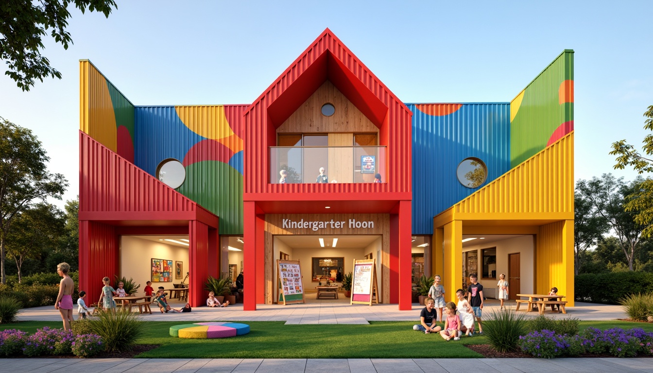 Prompt: Colorful kindergarten facade, playful structuralism architecture, geometric shapes, bold colors, whimsical patterns, fun textures, corrugated metal walls, wooden accents, circular windows, triangular rooflines, asymmetrical design, modern minimalist style, natural light-filled interiors, educational signage, children's artwork displays, cheerful outdoor play areas, rubberized flooring, soft warm lighting, shallow depth of field, 1/2 composition, realistic materials, ambient occlusion.