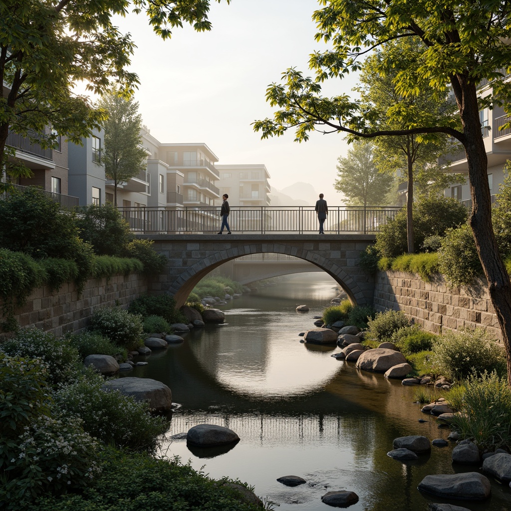 Prompt: Scenic riverbank, lush vegetation, natural stone walls, curved bridge arches, steel cable railings, wooden pedestrian walkways, soft warm lighting, misty morning atmosphere, 1/2 composition, low-angle shot, realistic water textures, ambient occlusion, eco-friendly materials, sustainable urban planning, harmonious landscape integration, vibrant green roofs, innovative drainage systems.