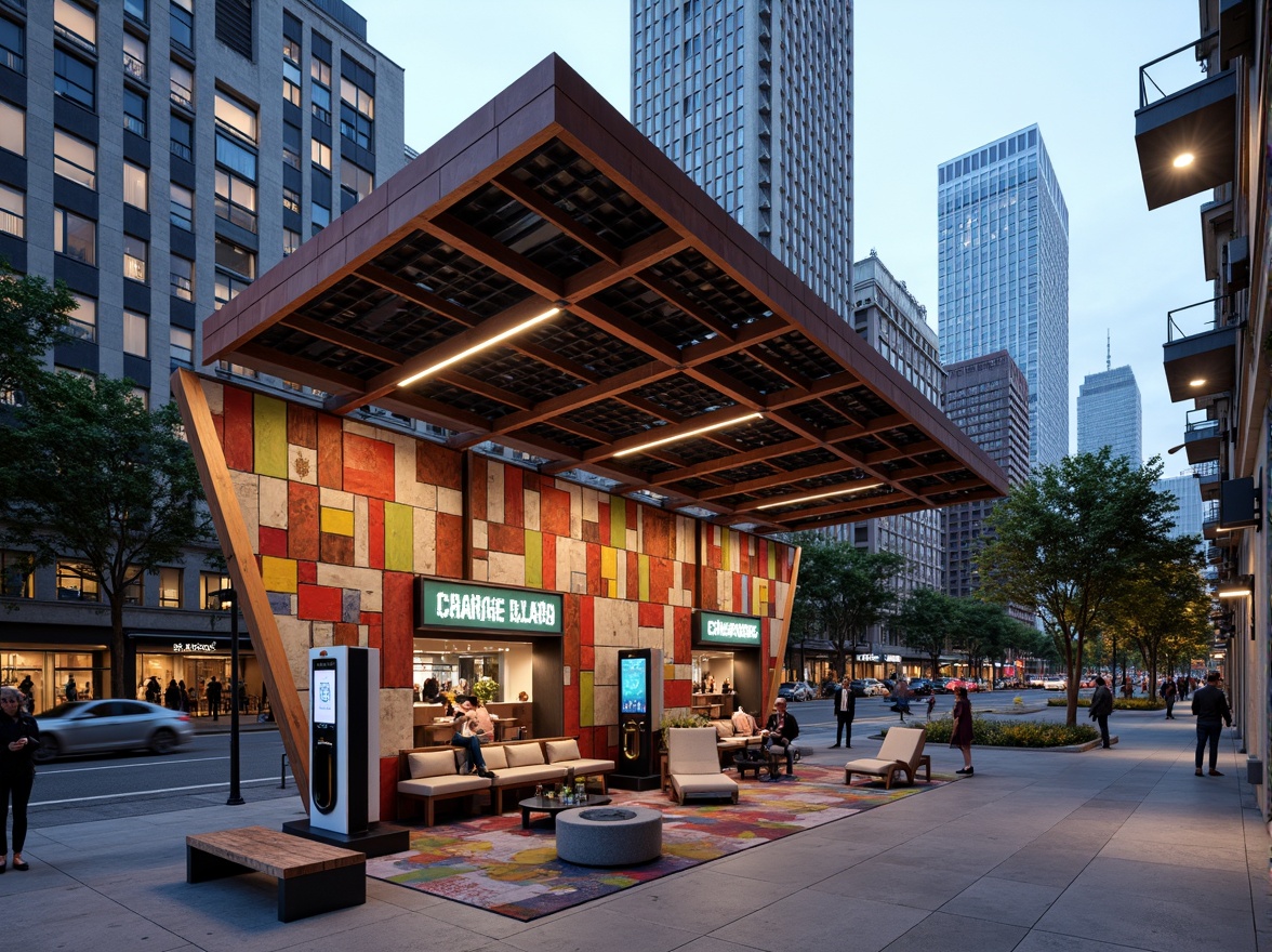 Prompt: Vibrant eclectic charging station, mixed-material fa\u00e7ade, reclaimed wood accents, industrial metal beams, colorful mosaic tiles, neon signage, futuristic LED lighting, dynamic angular lines, open-air canopy, urban cityscape, bustling streets, modern skyscrapers, trendy cafes, pedestrian walkways, street art murals, graffiti walls, edgy concrete floors, distressed finishes, eclectic furniture pieces, abstract sculptures, bold typography, 3/4 composition, shallow depth of field, panoramic view, realistic textures, ambient occlusion.