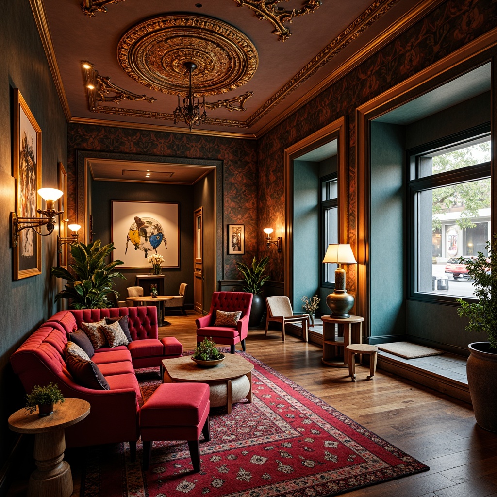 Prompt: Vibrant boutique hotel, ornate architectural details, lavish furnishings, rich textures, bold color schemes, eclectic artwork, luxurious fabrics, metallic accents, sleek lines, modern minimalism, dramatic lighting, warm ambiance, shallow depth of field, 1/1 composition, realistic reflections, ambient occlusion.