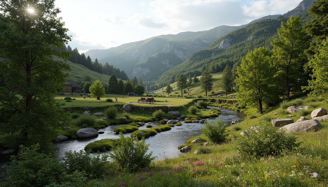 Prompt: Serene natural scenery, rolling hills, lush green forests, meandering streams, rustic wooden bridges, vibrant wildflowers, native plant species, organic stone walls, earthy terrain, seamless transitions, harmonious color palette, soft diffused lighting, 1/2 composition, intimate focal length, realistic atmospheric effects, ambient Occlusion.