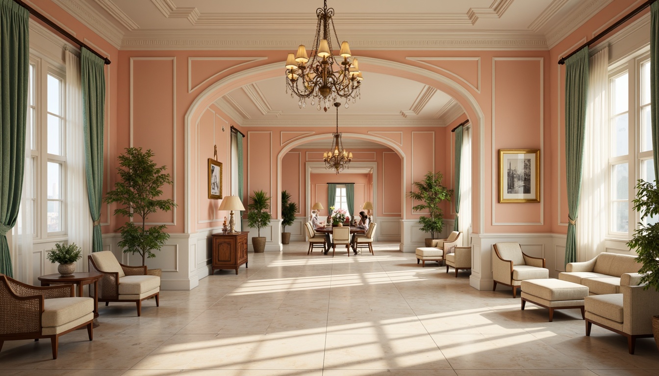 Prompt: Soft peach walls, creamy marble floors, warm beige furniture, gentle lavender accents, calming turquoise hues, elegant bronze fixtures, subtle wood grain textures, delicate floral patterns, ornate Victorian details, grand chandeliers, warm golden lighting, shallow depth of field, 1/2 composition, intimate atmospheric perspective, realistic soft shadows, ambient occlusion.Note