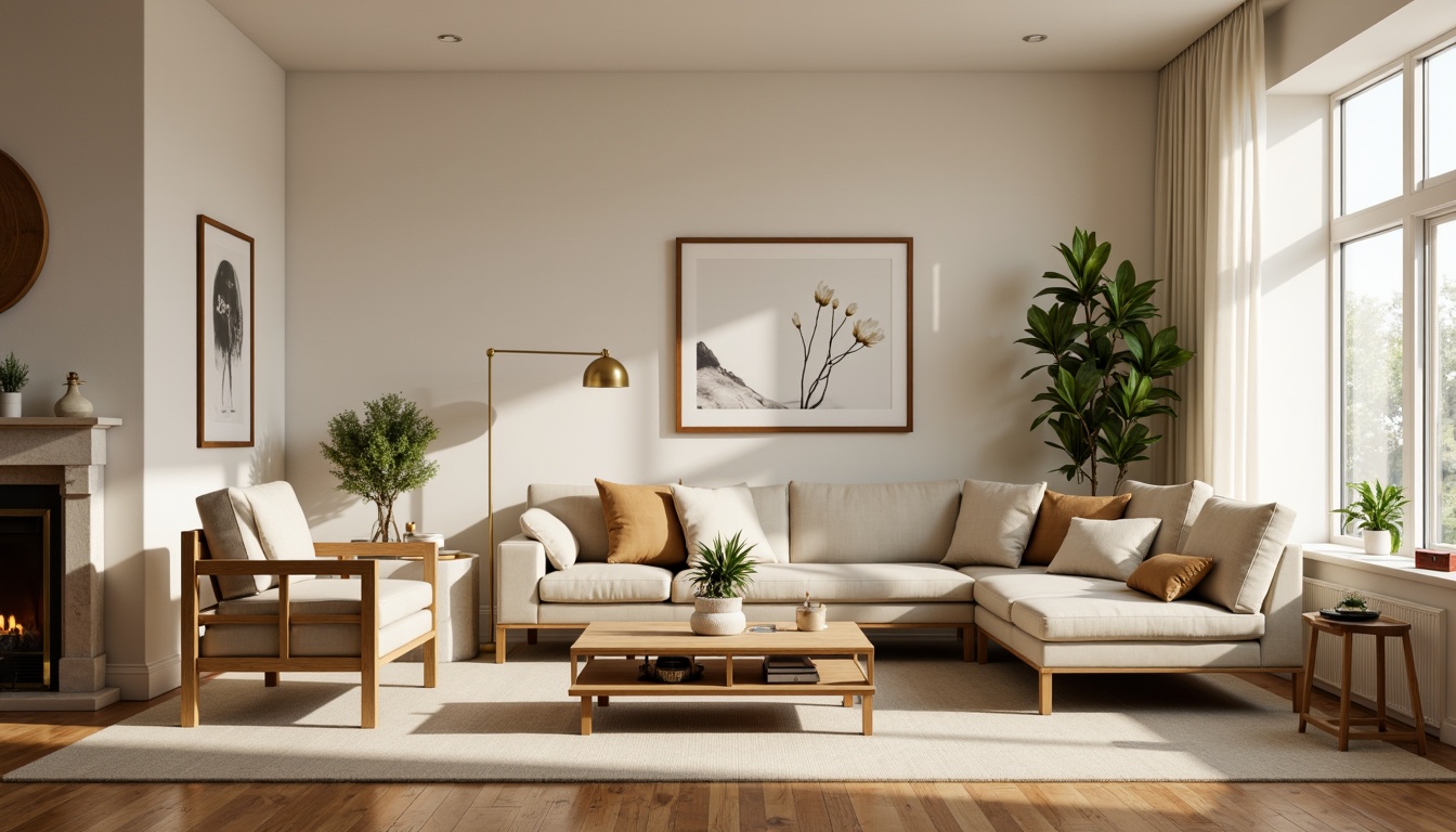 Prompt: Cozy living room, modern minimalist furniture, soft beige walls, polished wood flooring, comfortable sectional sofa, accent chairs, floor lamps, elegant coffee table, functional storage units, greenery plants, natural textiles, calm atmosphere, warm ambient lighting, shallow depth of field, 3/4 composition, realistic textures, ambient occlusion.