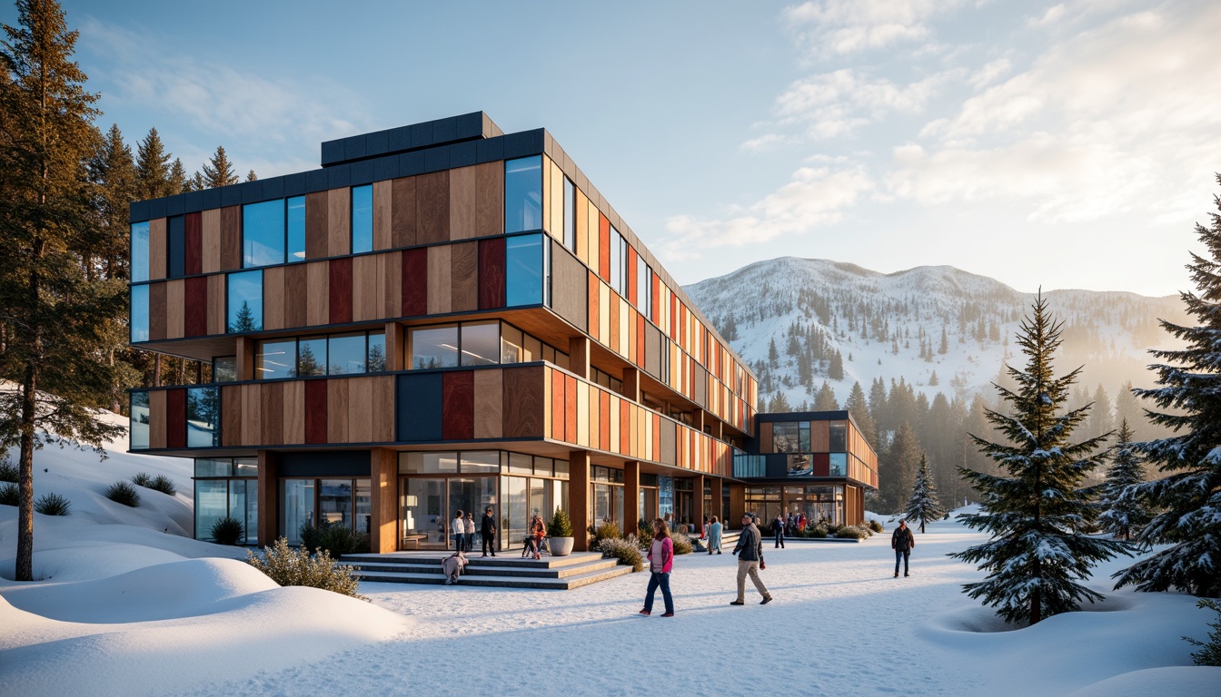 Prompt: Vibrant ski center, eclectic facade, mixed materials, wooden accents, metal cladding, glass panels, irregular shapes, bold color blocking, abstract patterns, snow-capped mountains, evergreen trees, misty atmosphere, warm golden lighting, shallow depth of field, 1/2 composition, cinematic view, realistic textures, ambient occlusion.