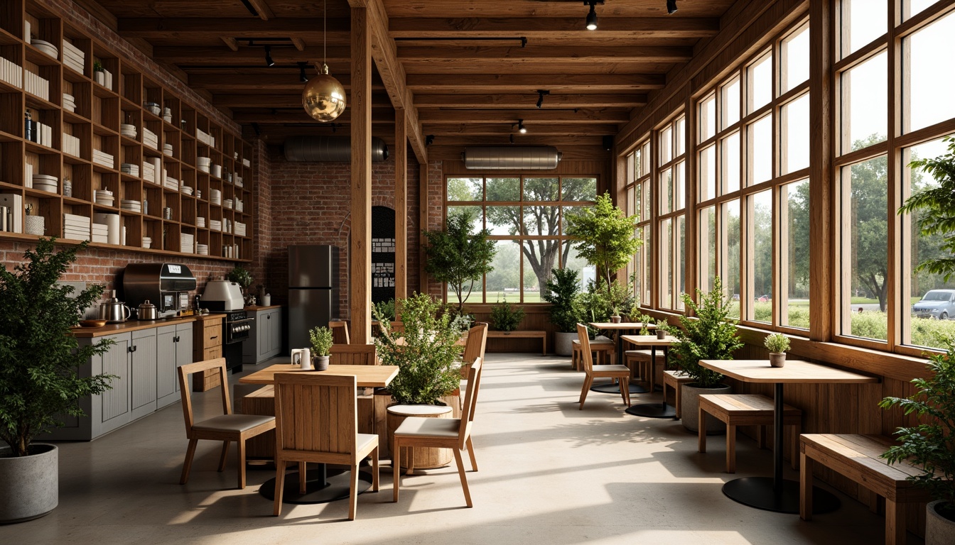 Prompt: Cozy coffee shop interior, warm wooden accents, rustic brick walls, large windows, abundant natural light, soft warm lighting, gentle shadows, comfortable seating areas, lush greenery, potted plants, wooden tables, metal chairs, industrial-style decor, modern minimalist design, earthy color palette, warm beige tones, inviting atmosphere, relaxing ambiance, 1/1 composition, shallow depth of field, realistic textures.