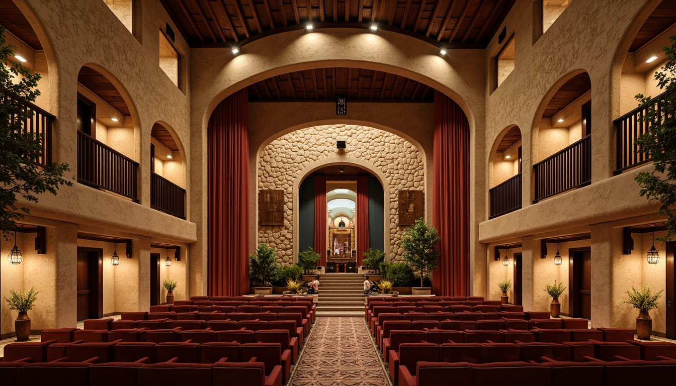 Prompt: Rustic auditorium, regionalism-inspired facade, earthy tones, natural stone cladding, wooden accents, curved lines, ornate details, grand entrance, sweeping arches, warm lighting, intimate atmosphere, plush seating, rich fabrics, traditional ornaments, cultural patterns, vibrant colors, textured surfaces, Mediterranean-style architecture, historic references, majestic scale, symmetrical composition, shallow depth of field, realistic renderings.