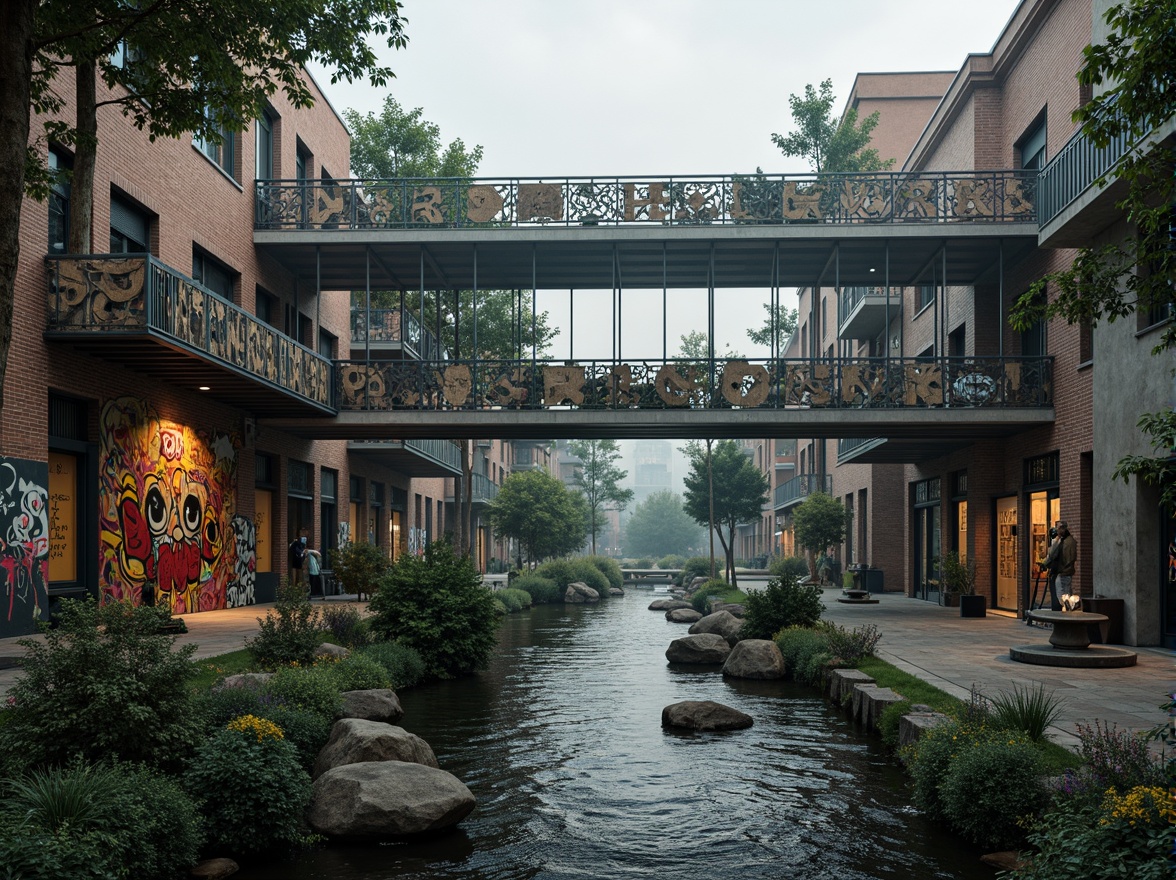 Prompt: Eclectic bridge, ornate iron railings, intricate stone carvings, vibrant graffiti murals, suspended walkways, rustic wooden accents, industrial metal beams, flowing water features, lush greenery, natural stone piers, abstract sculptures, eclectic mix of materials, bold color schemes, dynamic lighting effects, misty atmosphere, 1/2 composition, cinematic perspective, high contrast, rich textures.