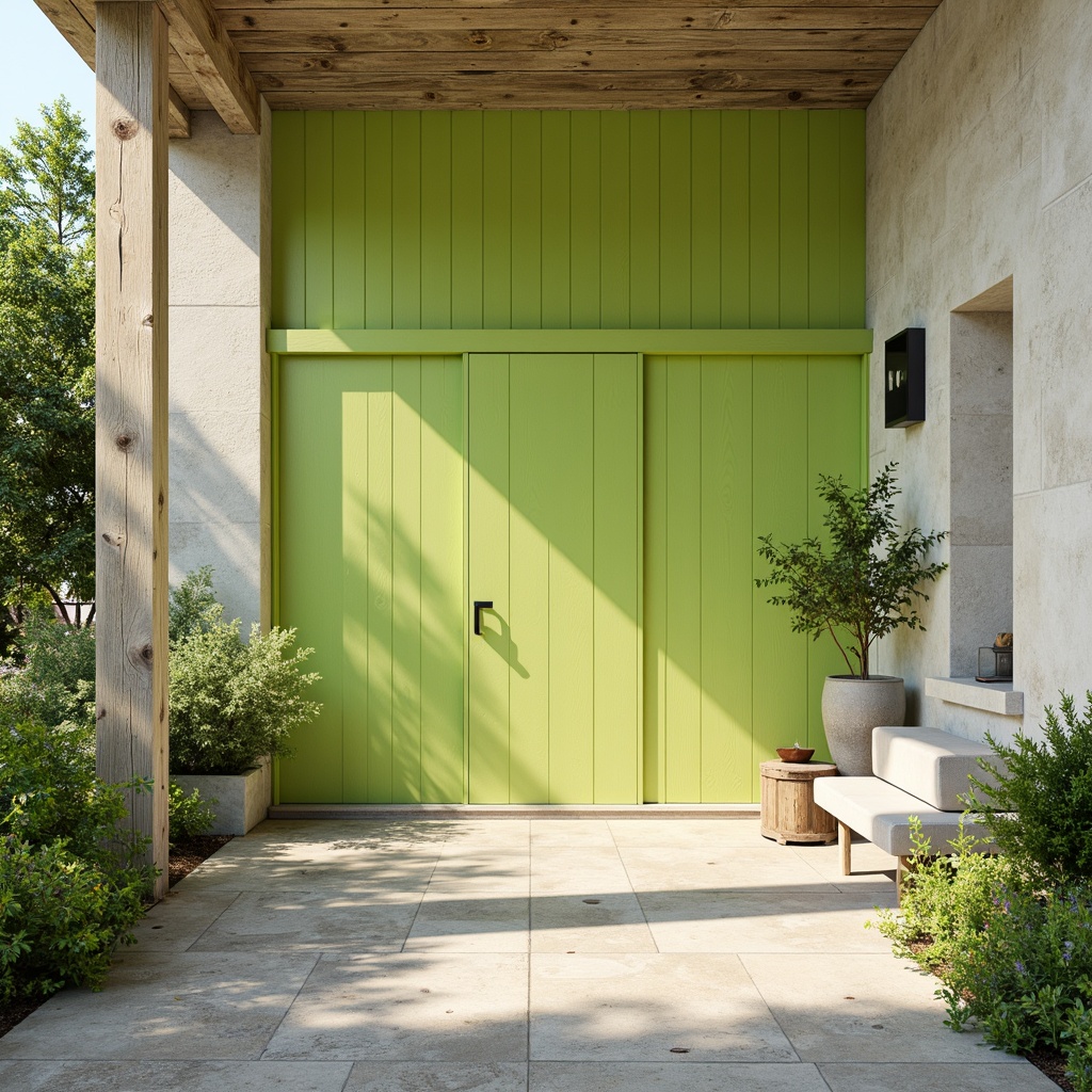 Prompt: Vibrant lime green accents, soft pastel hues, creamy whites, weathered wood textures, natural stone walls, lush greenery, warm sunlight, gentle shadows, 1/1 composition, realistic rendering, subtle depth of field, ambient occlusion, serene atmosphere.