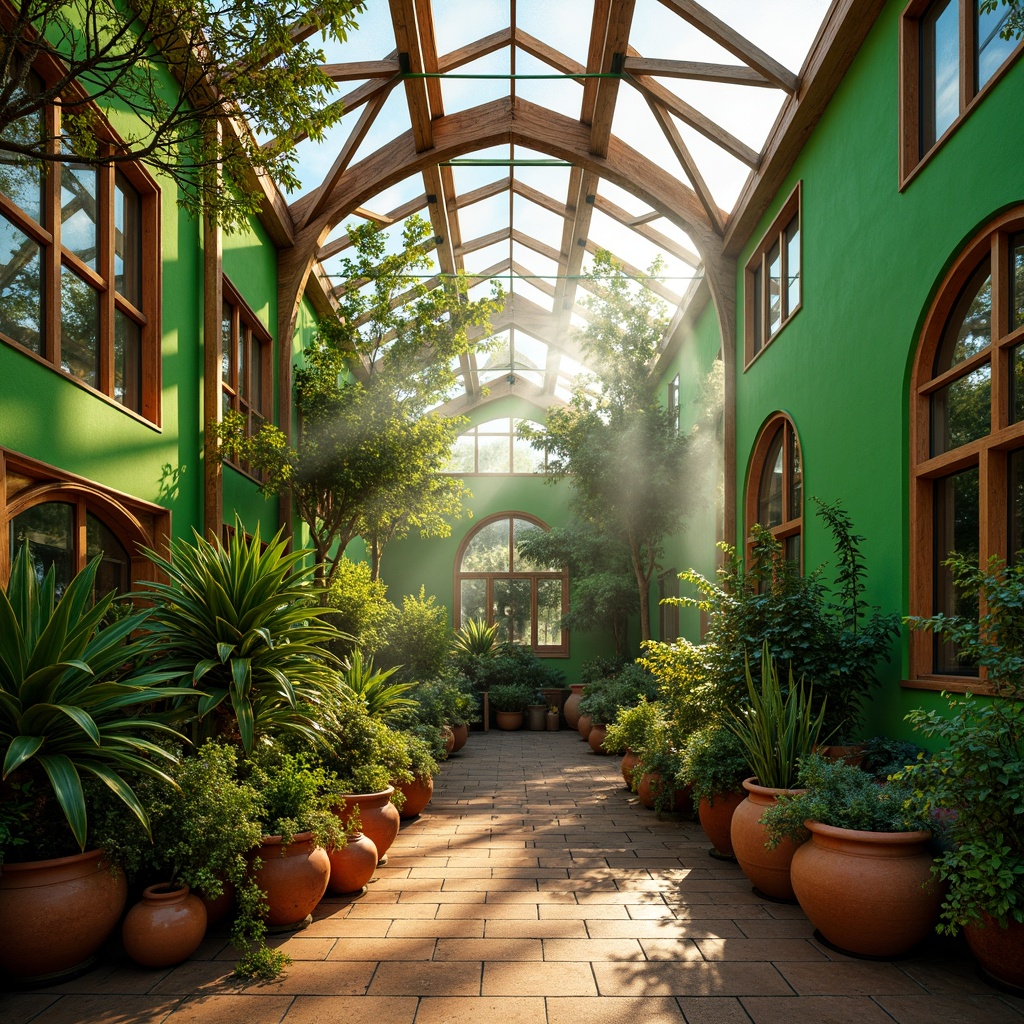 Prompt: Vibrant greenhouse, lush tropical plants, warm natural light, misty atmosphere, earthy terracotta pots, rustic wooden accents, whimsical expressionist architecture, irregular curved lines, playful asymmetrical composition, bold bright green walls, soft diffused lighting, 1/1 composition, intimate close-up shots, realistic textures, ambient occlusion, subtle color gradations, harmonious analogous colors, chromatic contrasts, energetic warm color palette.Please let me know if this meets your requirements!