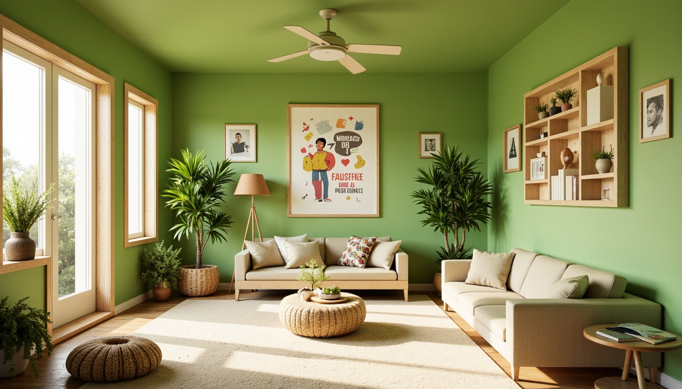 Prompt: Vibrant lime green walls, soft mint accents, warm beige backgrounds, creamy white trim, natural wood textures, organic patterns, eclectic decorative elements, whimsical illustrations, playful typography, airy open spaces, abundant natural light, shallow depth of field, 1/1 composition, soft focus, warm color temperature, inviting ambiance.