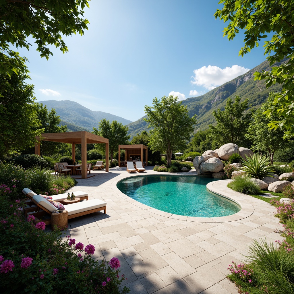 Prompt: Serenely blending poolside, lush tropical greenery, vibrant flowering plants, natural stone decking, wooden cabanas, modern infinity edge pools, crystal clear turquoise water, sunny day, soft warm lighting, shallow depth of field, 3/4 composition, panoramic view, realistic textures, ambient occlusion, curved lines, organic shapes, water features, cascading fountains, rock formations, outdoor furniture, colorful towels, poolside bars, umbrellas, beach balls, tropical-inspired sculptures.