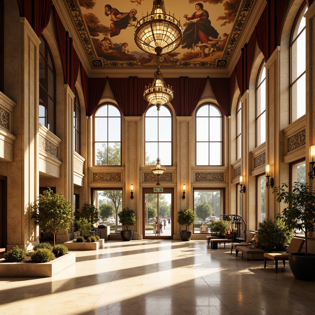 Prompt: Grandiose fitness center, high ceilings, ornate chandeliers, warm golden lighting, soft diffused illumination, large arched windows, natural daylight pouring in, cream-colored marble floors, decorative pilasters, intricate fresco ceiling paintings, rich wood accents, luxurious velvet drapes, majestic stone columns, regal atmosphere, warm ambient glow, subtle shadows, 3/4 composition, symmetrical framing, realistic textures, ambient occlusion.