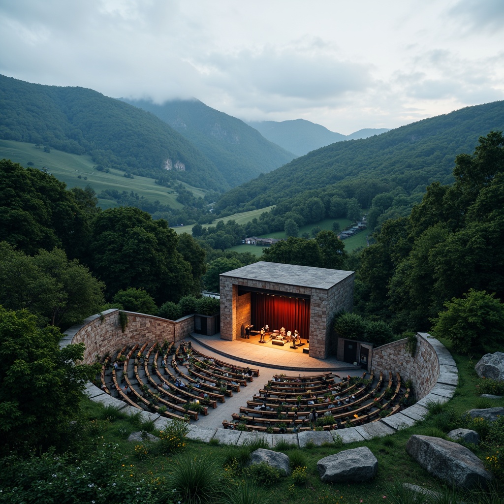 Prompt: Natural amphitheater, rolling hills, lush greenery, scenic views, music performance stage, outdoor seating areas, wooden benches, meandering pathways, rustic stone walls, acoustic sound systems, warm color schemes, soft ambient lighting, dramatic spotlights, misty evening atmosphere, shallow depth of field, 2/3 composition, panoramic view, realistic textures, ambient occlusion.