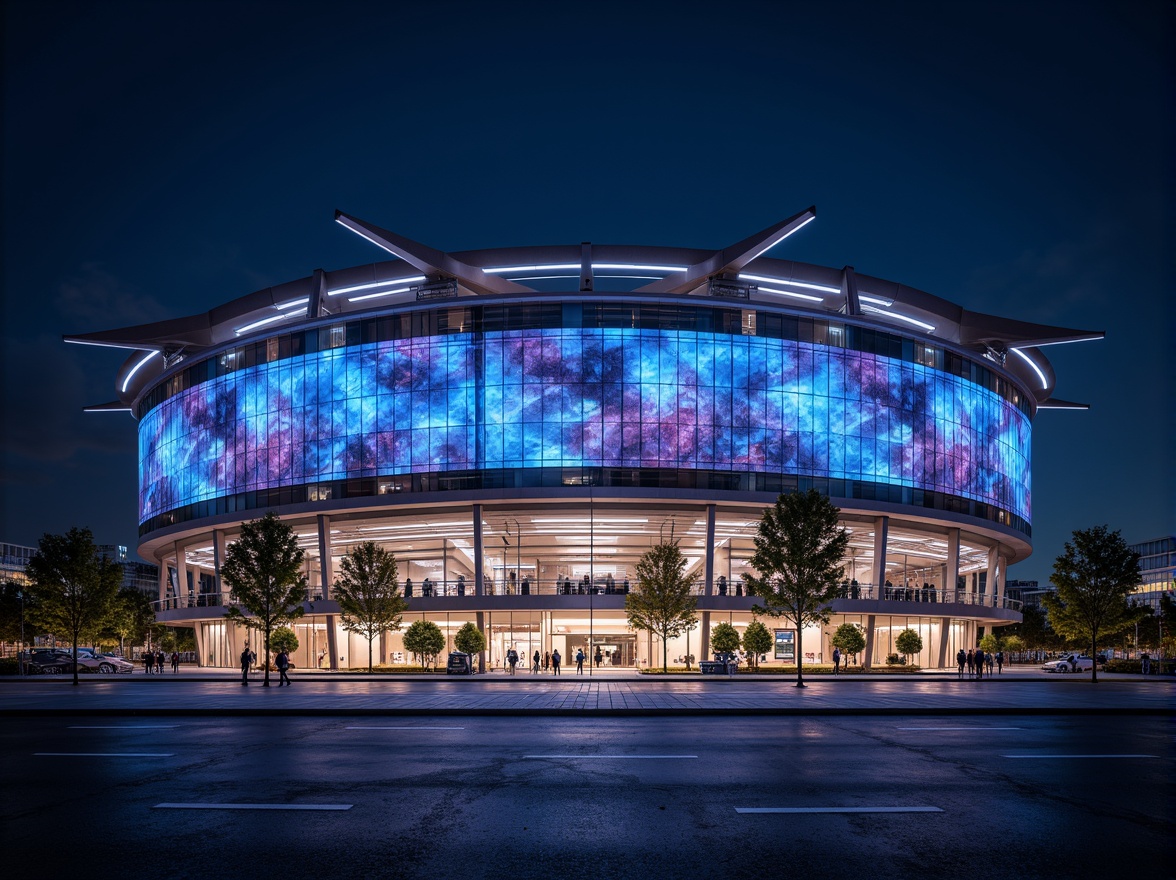 Prompt: Curved stadium facade, dynamic LED lighting, sleek modernist architecture, cantilevered roofs, angular lines, futuristic materials, translucent glass panels, abstract geometric patterns, bold color schemes, minimalist details, high-tech infrastructure, atmospheric nighttime illumination, shallow depth of field, 3/4 composition, panoramic view, realistic textures, ambient occlusion.