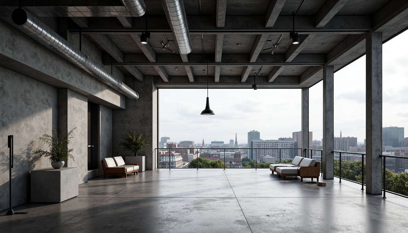 Prompt: Open-plan interior, steel-framed structure, industrial aesthetic, exposed ductwork, polished concrete floors, minimalist decor, functional simplicity, geometric shapes, clean lines, monochromatic color scheme, abundant natural light, floor-to-ceiling windows, urban cityscape views, modernist architecture, brutalist influences, raw metal accents, reclaimed wood features, sleek LED lighting, 1/1 composition, high-contrast rendering, cinematic atmosphere.