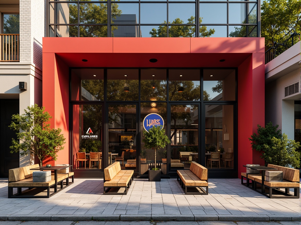 Prompt: Geometric coffee shop facade, constructivist architecture, bold red accents, industrial metal frames, distressed wood textures, urban cityscape background, morning sunlight, soft warm lighting, shallow depth of field, 1/1 composition, realistic materials, ambient occlusion, minimalist decor, reclaimed wood benches, metal tables, modern chairs, greenery installations, natural stone flooring, large windows, glass doors, abstract geometric patterns, vibrant colorful signage.Please let me know if this meets your requirements!