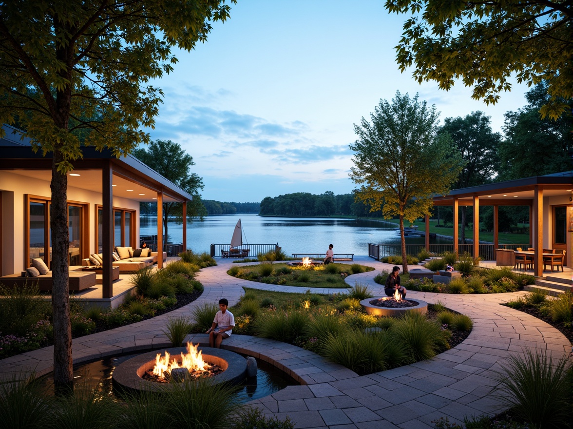 Prompt: Serene lake views, lush greenery, natural stone pathways, wooden docks, sailboats, water features, outdoor seating areas, fire pits, string lights, warm ambiance, rustic charm, modern amenities, luxurious furnishings, natural materials, earthy tones, soft warm lighting, shallow depth of field, 3/4 composition, panoramic view, realistic textures, ambient occlusion, tranquil atmosphere, gentle lake breeze, rippling water effects.