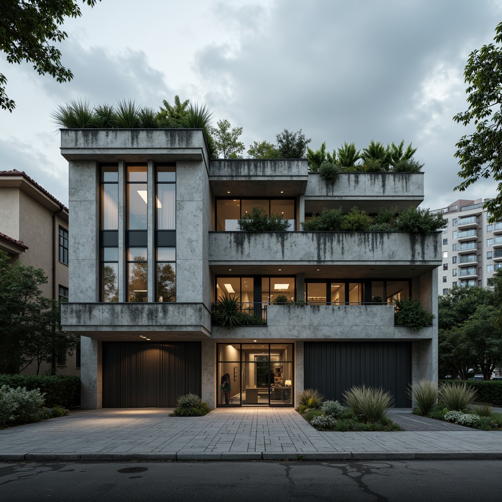 Prompt: Rugged rehabilitation center facade, brutalist architecture, exposed concrete walls, fortress-like structures, industrial metal doors, raw steel beams, weathered stone cladding, asymmetrical compositions, dramatic cantilevered overhangs, dense green roofs, urban cityscape backdrop, moody cloudy skies, harsh high-contrast lighting, cinematic wide-angle shot, 2.5D perspective view, realistic material textures, subtle ambient Occlusion.