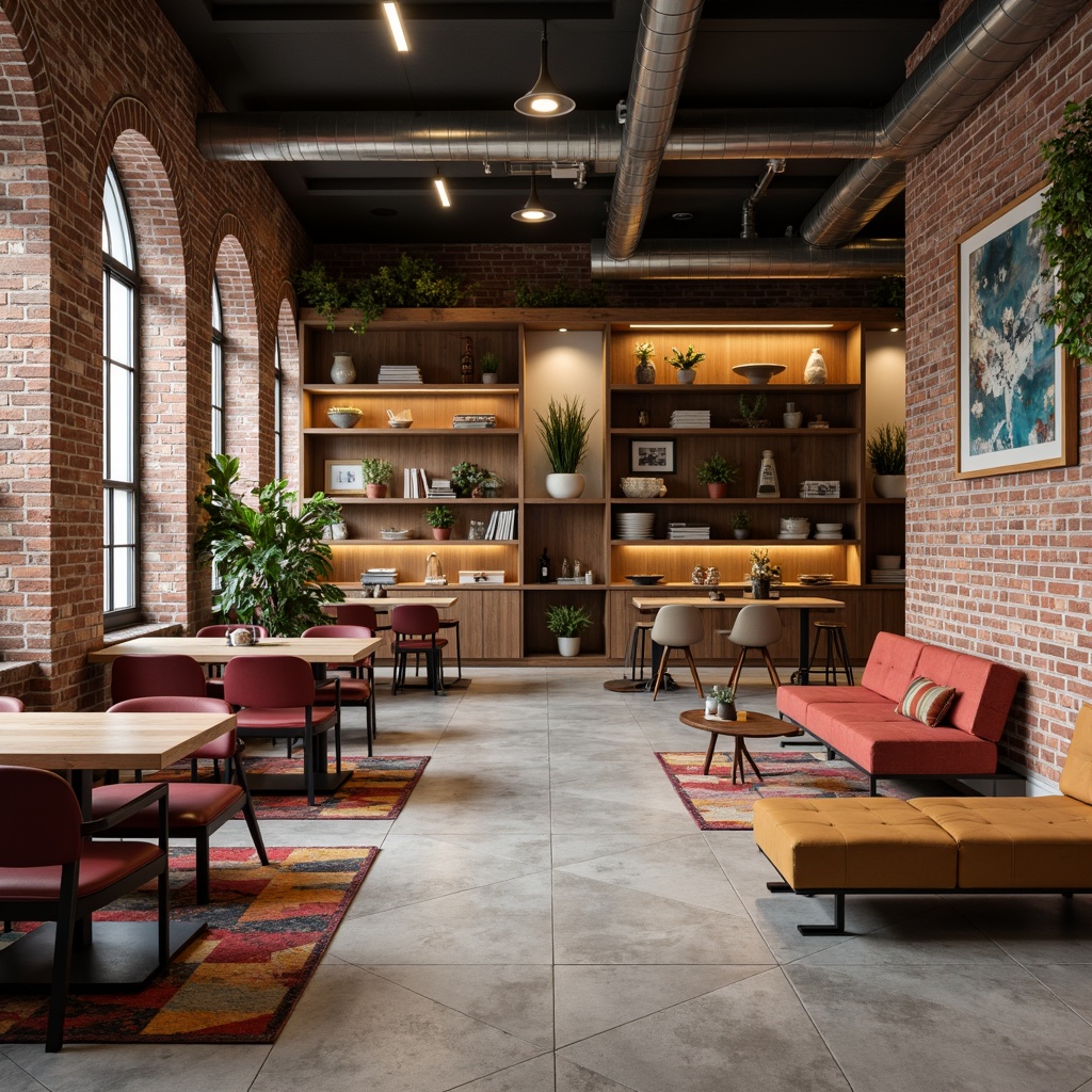 Prompt: Industrial-chic hostel lobby, minimalist d\u00e9cor, exposed brick walls, polished concrete floors, modernist furniture, geometric patterns, bold color accents, communal seating areas, eclectic artwork, urban loft atmosphere, natural textiles, reclaimed wood accents, metallic lighting fixtures, functional shelving units, flexible modular layouts, cozy reading nooks, warm task lighting, 1/1 composition, softbox shadows, realistic material textures.