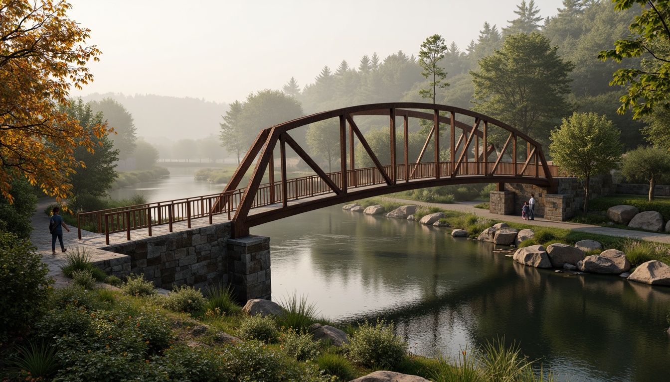 Prompt: Rustic steel bridge, natural stone piers, lush greenery, meandering river, serene water reflections, misty morning atmosphere, soft warm lighting, shallow depth of field, 3/4 composition, panoramic view, realistic textures, ambient occlusion, wooden railings, subtle curves, organic forms, harmonious integration with surroundings, eco-friendly materials, innovative structural systems, scenic overlooks, pedestrian walkways, cyclist routes, tranquil ambiance.