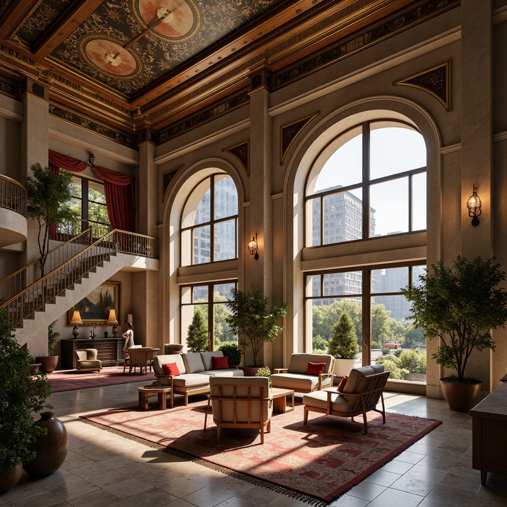 Prompt: Luxurious loft interior, high ceilings, ornate moldings, marble flooring, polished wood accents, velvety soft upholstery, metallic bronze fixtures, crystal chandeliers, grand staircases, lavish drapery, richly patterned rugs, intricate fresco ceilings, neoclassical columns, smooth limestone walls, subtle ambient lighting, warm golden color palette, shallow depth of field, 1/2 composition, cinematic camera angle.