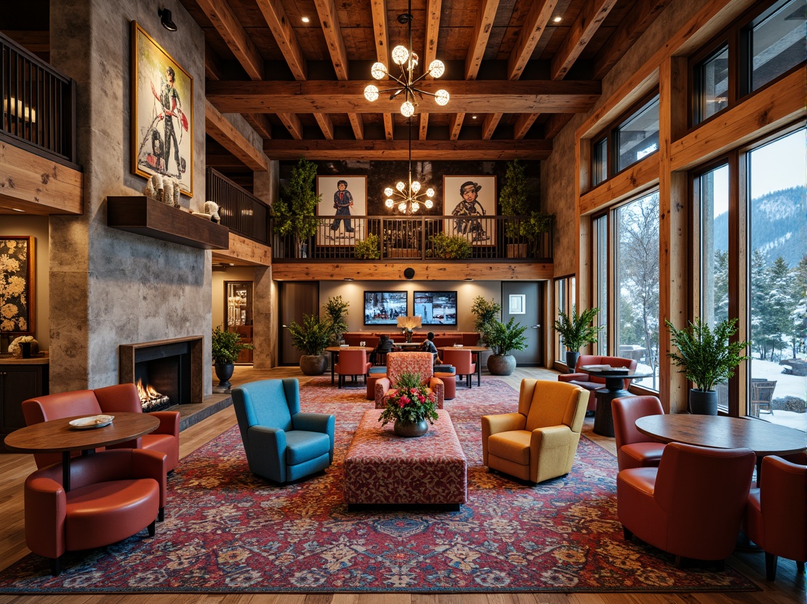 Prompt: Vibrant ski center interior, eclectic style mixology, wooden accents, distressed finishes, vintage ski equipment decorations, colorful woven textiles, plush oversized armchairs, reclaimed wood walls, exposed metal beams, industrial chic lighting fixtures, warm candlelit ambiance, rich leather upholstery, antique furniture pieces, abstract artwork, geometric patterned rugs, natural stone fireplaces, snowflake-inspired chandeliers, dramatic ceiling heights, open-plan layout, functional modern amenities.