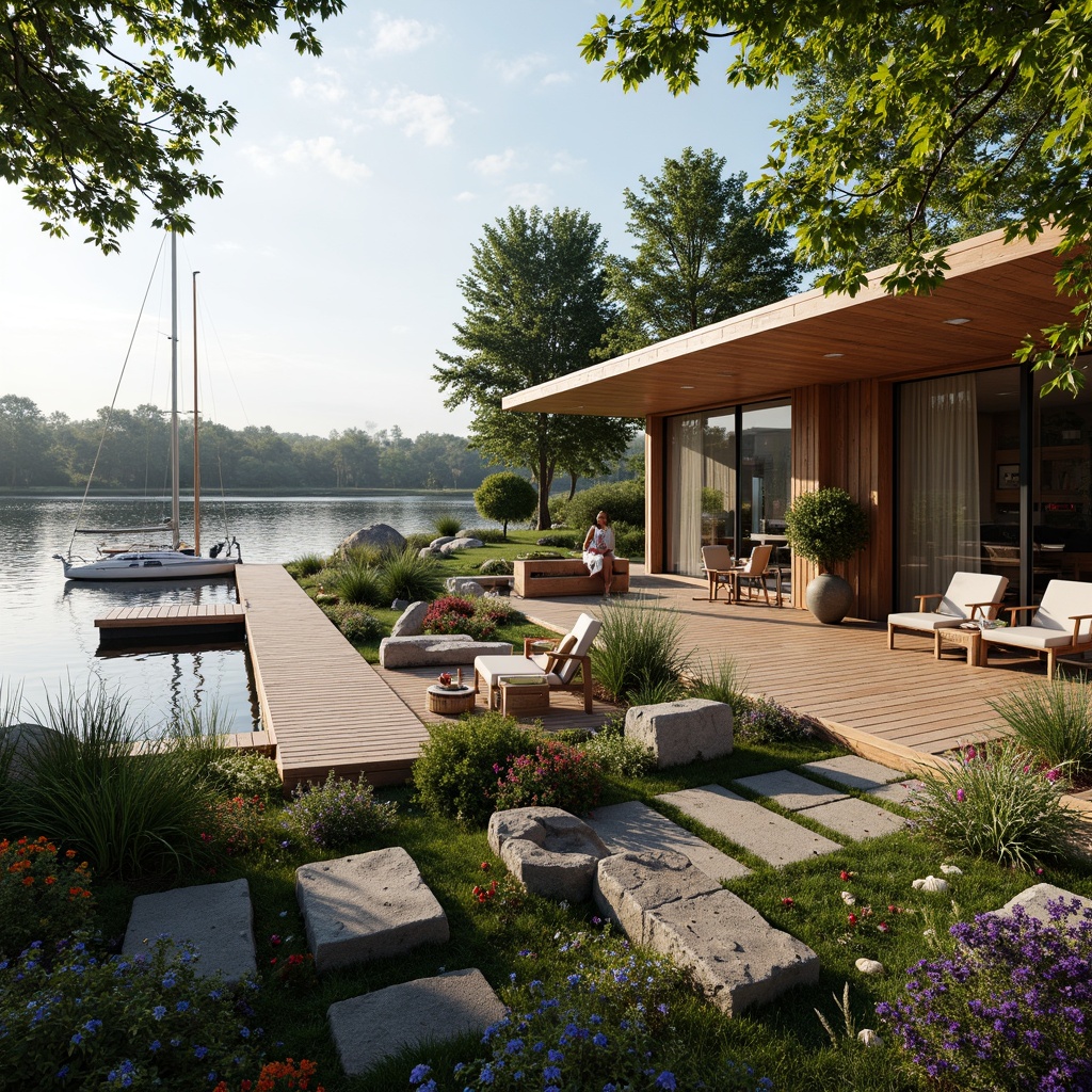 Prompt: Waterfront location, serene lake views, wooden dock, sailboats, lush greenery, vibrant flowers, natural stone pathways, rustic boathouse design, wooden accents, nautical elements, ropes, anchors, modern amenities, floor-to-ceiling windows, sliding glass doors, cozy interior spaces, warm lighting, shallow depth of field, 3/4 composition, panoramic view, realistic textures, ambient occlusion.