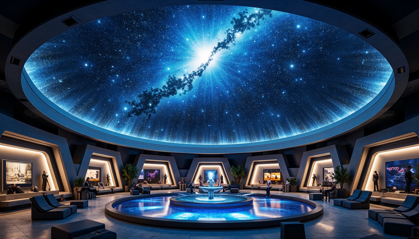 Prompt: Celestial planetarium, spherical dome, starry night sky, glittering constellations, majestic arches, futuristic architecture, gleaming metallic surfaces, angular lines, geometric patterns, minimalist design, vibrant LED lighting, immersive audiovisual experience, reclined seating, interactive exhibits, educational displays, astronomical instruments, telescopes, 3D projections, virtual reality integration, atmospheric ambiance, soft blue glow, shallow depth of field, 1/1 composition, symmetrical framing.