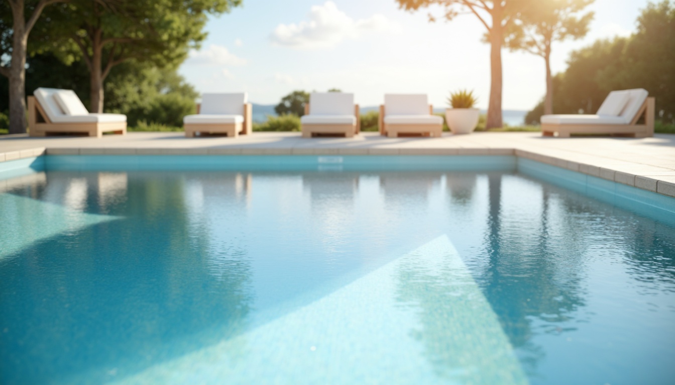 Prompt: Sleek pool design, minimalist aesthetic, calm atmosphere, soft blue hues, crisp white accents, natural stone coping, sleek glass tile, subtle texture variation, serene water reflections, gentle ripples, warm sunlight, shallow depth of field, 1/1 composition, realistic rendering, ambient occlusion.