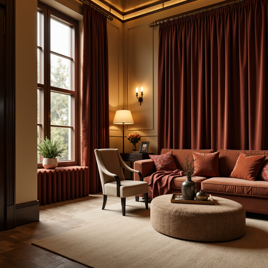 Prompt: Rich velvet fabrics, luxurious furnishings, warm beige walls, dark wood accents, metallic gold decorations, soft cream carpets, ambient warm lighting, 3/4 composition, shallow depth of field, realistic textures, atmospheric perspective.