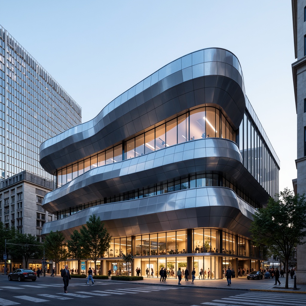 Prompt: Curved building facade, streamlined modern architecture, silver metallic materials, reflective glass surfaces, angular lines, minimalist design, dynamic LED lighting, futuristic aesthetic, high-tech gadgets, urban cityscape, busy streets, fast-paced atmosphere, shallow depth of field, 3/4 composition, panoramic view, realistic textures, ambient occlusion.