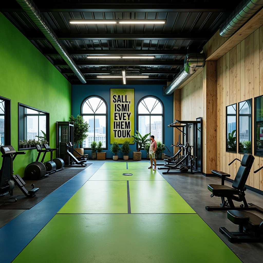 Prompt: Vibrant fitness studio, energetic atmosphere, bold color scheme, motivational quotes, sleek equipment, modern flooring, neon green accents, calming blue tones, warm beige walls, industrial metal beams, natural wood textures, dynamic lighting, high-contrast shadows, shallow depth of field, 2/3 composition, realistic reflections, ambient occlusion.