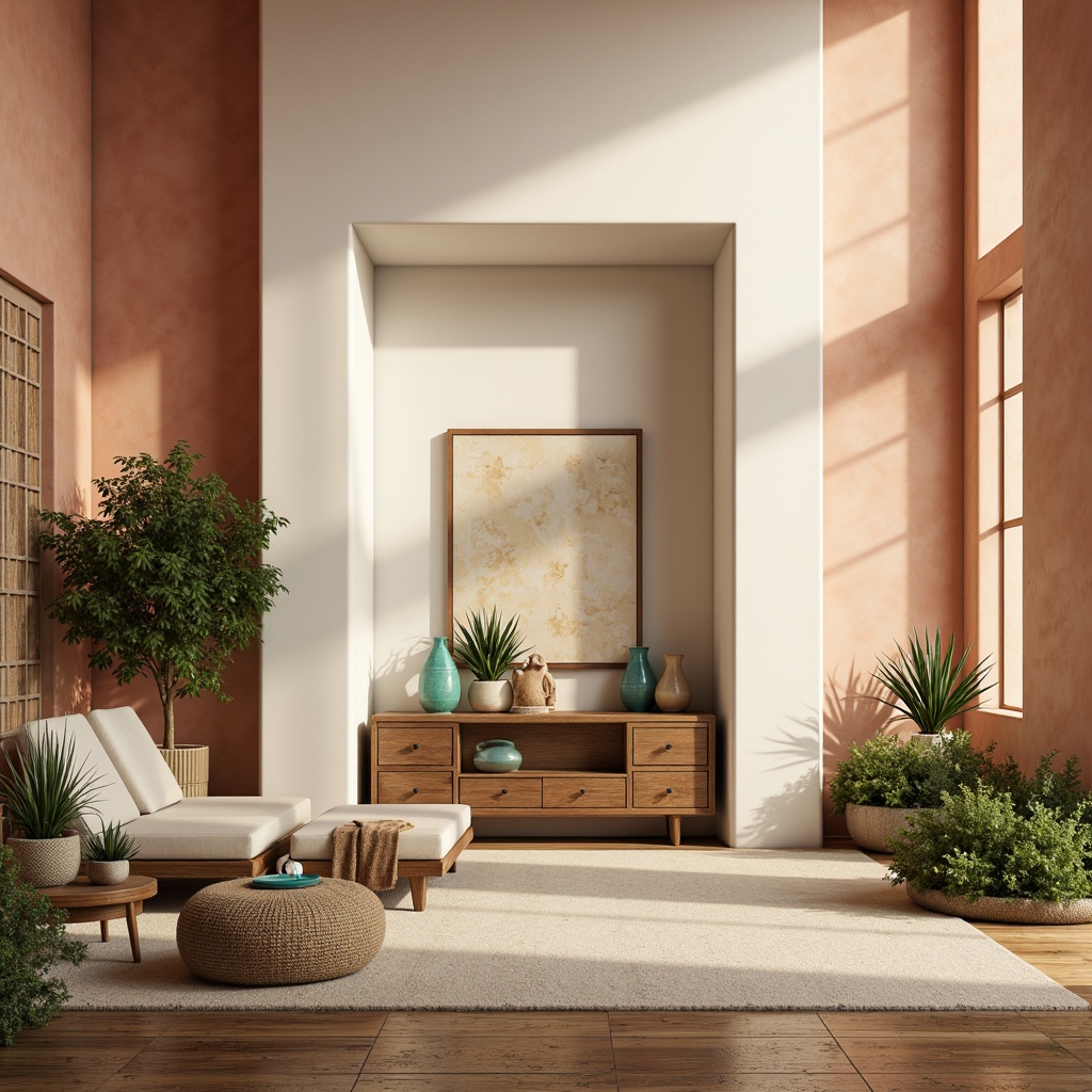 Prompt: Soft peach walls, creamy white accents, warm beige floors, rich walnut furniture, lush greenery, vibrant turquoise decorative accessories, natural textiles, subtle golden lighting, 3/4 composition, shallow depth of field, panoramic view, realistic textures, ambient occlusion.