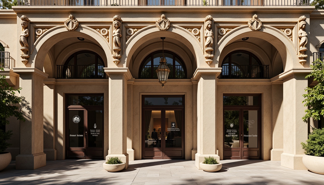 Prompt: Ornate dental clinic facade, Renaissance-inspired arches, carved stone columns, decorative pilasters, symmetrical composition, grand entrance, ornate metal doors, stained glass windows, intricate moldings, classical statues, elegant balconies, subtle curvature, warm beige stonework, rich wood accents, subtle gold ornamentation, soft natural lighting, shallow depth of field, 1/1 composition, realistic textures, ambient occlusion.Let me know if you need any adjustments!