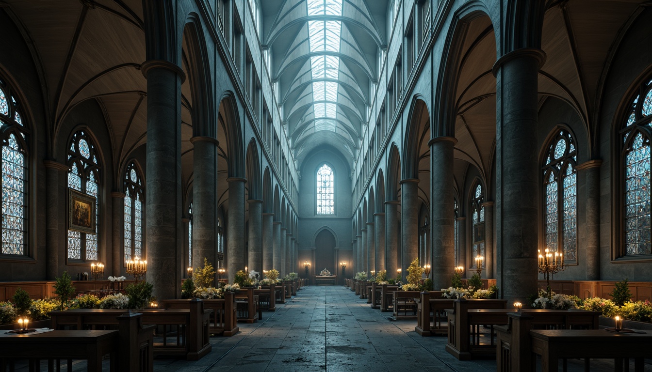 Prompt: Grandiose modern cathedral, intricate stone carvings, dramatic vaulted ceilings, pointed Gothic arches, stained glass windows, ornate metalwork, luxurious velvet drapes, mysterious atmospheric lighting, foggy misty morning, cinematic shallow focus, 1/1 composition, symmetrical framing, richly textured stonework, mystical ambiance, eerie silence.