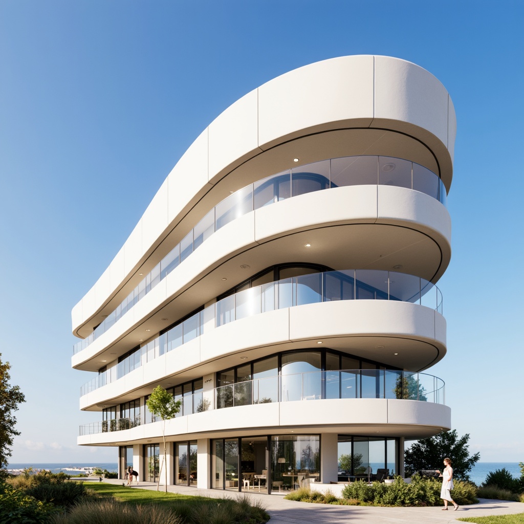 Prompt: Curved building facade, smooth white walls, horizontal lines, rounded corners, minimal ornamentation, large windows, sliding glass doors, cantilevered balconies, stainless steel railings, polished chrome accents, nautical-inspired design, oceanfront location, clear blue sky, sunny day, soft warm lighting, shallow depth of field, 3/4 composition, panoramic view, realistic textures, ambient occlusion.