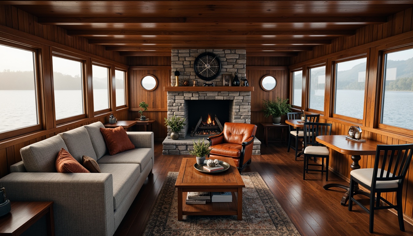 Prompt: Cozy boathouse, rustic wooden accents, nautical-themed decor, soft warm lighting, plush furniture, woven textiles, natural stone fireplace, distressed wood flooring, vintage navigation instruments, porthole windows, lake or ocean views, serene waterfront atmosphere, early morning mist, soft focus, 1/1 composition, warm color palette, realistic wood grain textures.