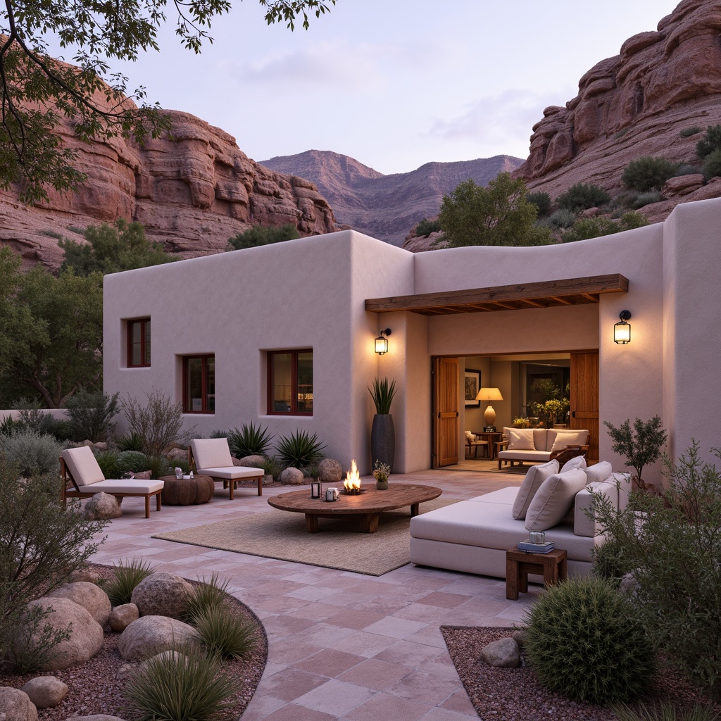 Prompt: Soft lilac hues, warm beige tones, natural canyon surroundings, adobe-inspired homes, curved lines, earthy textures, rustic wooden accents, vintage metal fixtures, cozy outdoor living spaces, lantern-style lighting, soft warm glow, shallow depth of field, 1/1 composition, intimate atmosphere, realistic stone walls, lush greenery, blooming cacti, serene desert landscape, panoramic view.