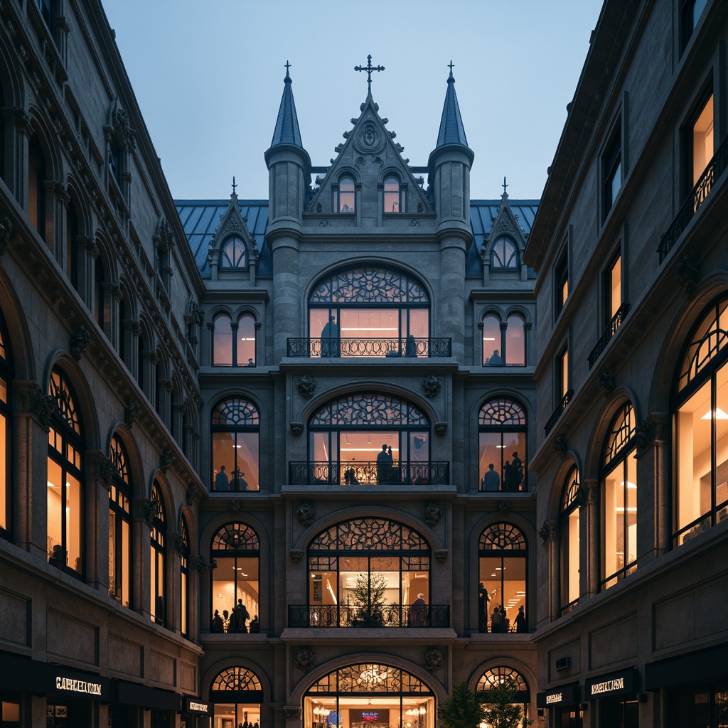 Prompt: Grandiose shopping mall facade, ornate Gothic arches, ribbed vaults, pointed steeples, intricate stone carvings, majestic rose windows, stained glass patterns, dramatic flying buttresses, lavish decorative cornices, somber dark colors, mysterious ambient lighting, foggy misty atmosphere, 1/2 composition, low-angle shot, cinematic depth of field, highly detailed textures, realistic weathering effects.