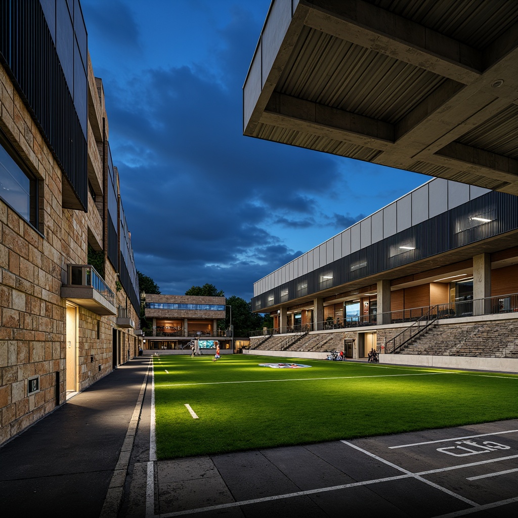 Prompt: Rustic stone fa\u00e7ade, weathered metal panels, translucent polycarbonate roofs, vibrant green turf, athletic track surfaces, stadium seating areas, concrete structural elements, exposed steel beams, dynamic LED lighting systems, nighttime ambiance, dramatic shadows, low-angle photography, cinematic composition, 2.35