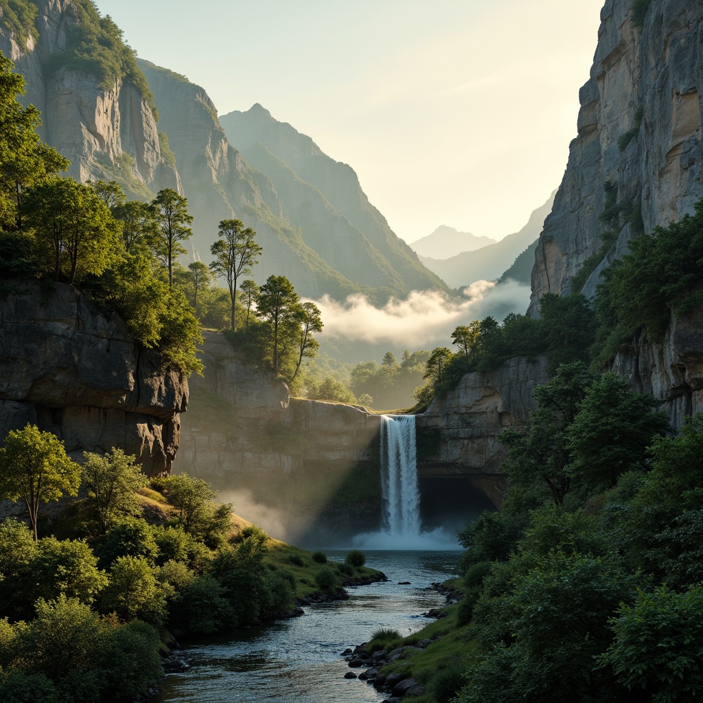 Prompt: Majestic mountain ranges, lush green forests, sparkling waterfalls, winding rivers, dramatic cliffs, unique rock formations, ancient trees, mystical fog, warm golden lighting, shallow depth of field, 3/4 composition, panoramic view, realistic textures, ambient occlusion, earthy color palette, natural materials, organic shapes, sustainable design principles, eco-friendly architecture, blending into nature, seamless integration with surroundings.