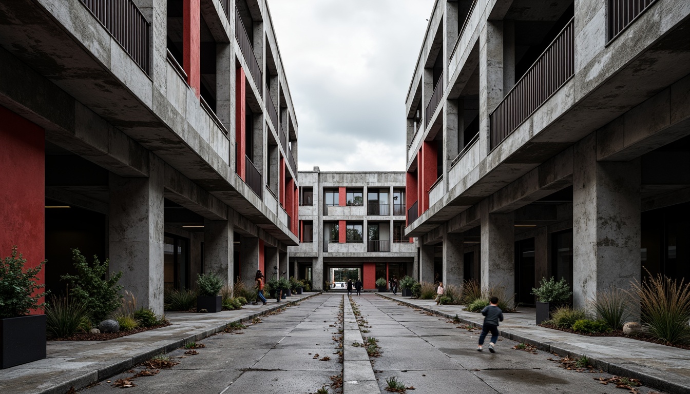 Prompt: Exposed concrete structures, brutalist architecture, industrial color palette, raw unfinished surfaces, bold black accents, deep red tones, weathered steel beams, cold grey concrete floors, rugged urban landscape, overcast skies, dramatic shadowing, high-contrast lighting, abstract geometric patterns, distressed textures, monumental scale, functional minimalism, utilitarian aesthetic.