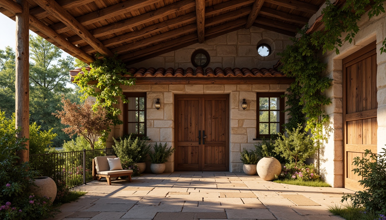 Prompt: Rustic barn, Byzantine architectural style, natural stone walls, wooden beams, earthy color palette, reclaimed wood accents, terracotta tile roofs, lush greenery, vines crawling up walls, ornate metal door handles, intricate stone carvings, warm golden lighting, soft shadows, 1/2 composition, shallow depth of field, realistic textures, ambient occlusion.