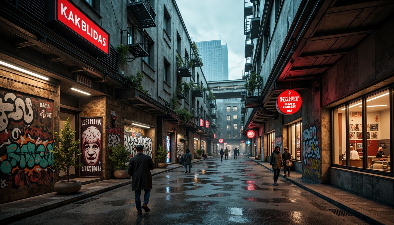 Prompt: Industrial market scene, brutalist architecture, raw concrete textures, distressed metal accents, bold graffiti murals, neon signage, urban cityscape, rainy day, misty atmosphere, high contrast lighting, gritty realistic rendering, 1/1 composition, dramatic shadows, vibrant color palette, bold reds, deep blues, neon greens, industrial yellows, rough stone walls, exposed ductwork, metallic beams, reclaimed wood accents.