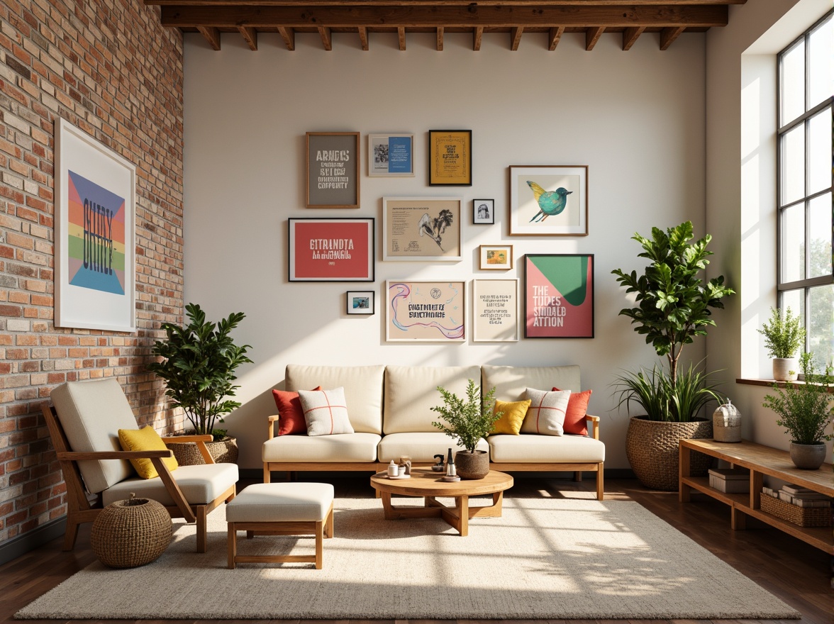 Prompt: Vibrant modern studio, eclectic art pieces, bold typography, pastel color accents, creamy whites, rich wood tones, industrial metal frames, natural textiles, minimalist decor, abstract geometric patterns, warm golden lighting, shallow depth of field, 2/3 composition, cinematic colors, realistic textures, ambient occlusion.