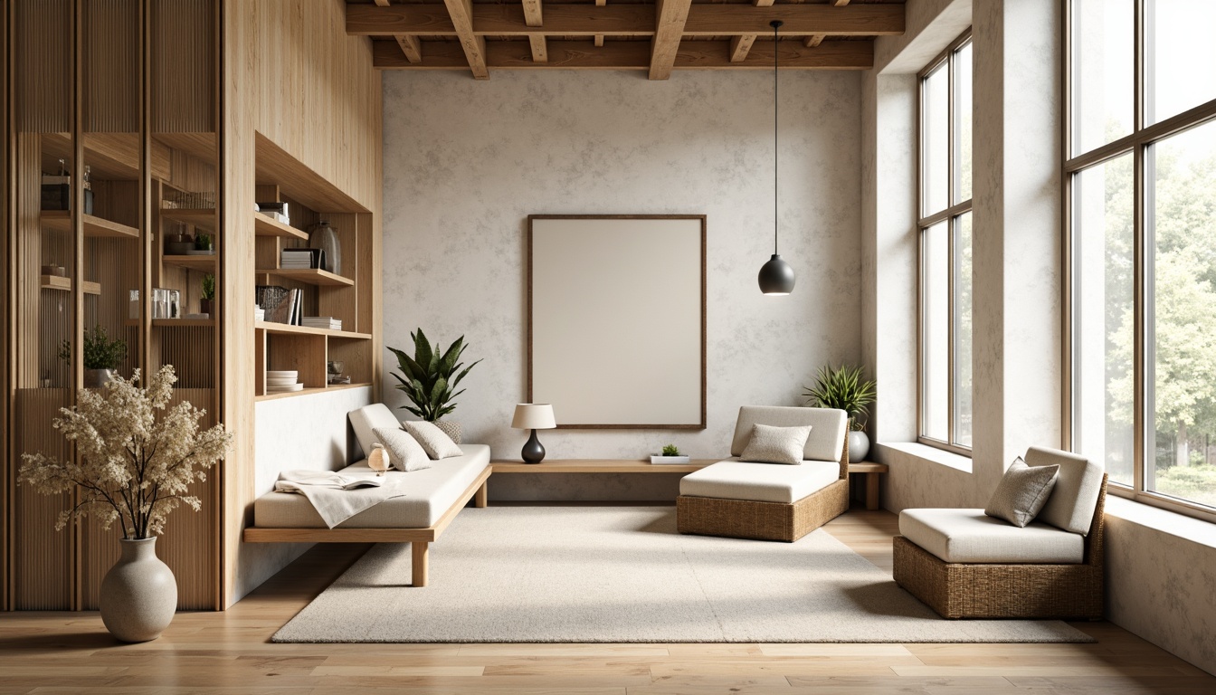 Prompt: Minimalist interior, natural fibers, woven textures, neutral color palette, subtle patterned fabrics, linen upholstery, cotton drapes, bamboo flooring, reclaimed wood accents, industrial metal frames, simple geometric shapes, abundant natural light, airy atmosphere, soft warm lighting, shallow depth of field, 1/1 composition, realistic materials, ambient occlusion.